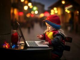 colombiano ragazzo Lavorando su un' il computer portatile nel un' vivace urbano ambientazione ai generativo foto