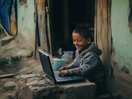 colombiano ragazzo Lavorando su un' il computer portatile nel un' vivace urbano ambientazione ai generativo foto