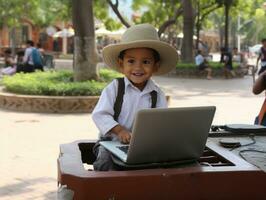 colombiano ragazzo Lavorando su un' il computer portatile nel un' vivace urbano ambientazione ai generativo foto