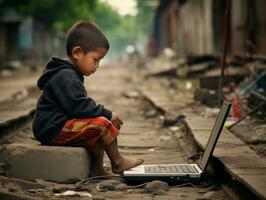 colombiano ragazzo Lavorando su un' il computer portatile nel un' vivace urbano ambientazione ai generativo foto