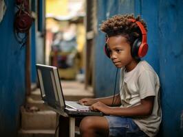 colombiano ragazzo Lavorando su un' il computer portatile nel un' vivace urbano ambientazione ai generativo foto