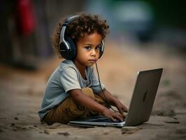 colombiano ragazzo Lavorando su un' il computer portatile nel un' vivace urbano ambientazione ai generativo foto