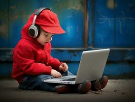 colombiano ragazzo Lavorando su un' il computer portatile nel un' vivace urbano ambientazione ai generativo foto