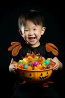 ragazzo nel Halloween costume Tenere un' ciotola di caramella con malizioso sorriso ai generativo foto