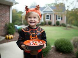 ragazzo nel Halloween costume Tenere un' ciotola di caramella con malizioso sorriso ai generativo foto