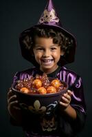 ragazzo nel Halloween costume Tenere un' ciotola di caramella con malizioso sorriso ai generativo foto