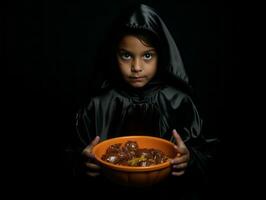 ragazzo nel Halloween costume Tenere un' ciotola di caramella con malizioso sorriso ai generativo foto