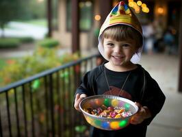 ragazzo nel Halloween costume Tenere un' ciotola di caramella con malizioso sorriso ai generativo foto