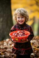 ragazzo nel Halloween costume Tenere un' ciotola di caramella con malizioso sorriso ai generativo foto