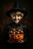 ragazzo nel Halloween costume Tenere un' ciotola di caramella con malizioso sorriso ai generativo foto