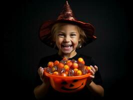 ragazzo nel Halloween costume Tenere un' ciotola di caramella con malizioso sorriso ai generativo foto