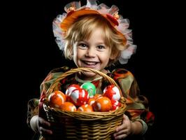 ragazzo nel Halloween costume Tenere un' ciotola di caramella con malizioso sorriso ai generativo foto