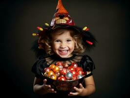 ragazzo nel Halloween costume Tenere un' ciotola di caramella con malizioso sorriso ai generativo foto