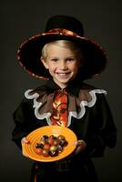 ragazzo nel Halloween costume Tenere un' ciotola di caramella con malizioso sorriso ai generativo foto