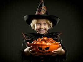 ragazzo nel Halloween costume Tenere un' ciotola di caramella con malizioso sorriso ai generativo foto