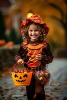 ragazzo nel Halloween costume Tenere un' ciotola di caramella con malizioso sorriso ai generativo foto