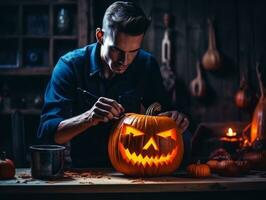 uomo intaglio un' sinistro Jack o lanterna ai generativo foto