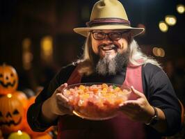 uomo nel Halloween costume Tenere un' ciotola di caramella con malizioso sorriso ai generativo foto