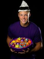 uomo nel Halloween costume Tenere un' ciotola di caramella con malizioso sorriso ai generativo foto