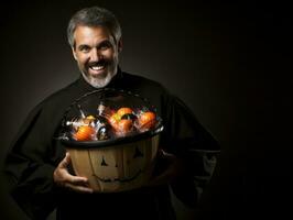 uomo nel Halloween costume Tenere un' ciotola di caramella con malizioso sorriso ai generativo foto