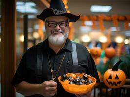 uomo nel Halloween costume Tenere un' ciotola di caramella con malizioso sorriso ai generativo foto