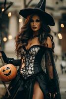 donna vestito come un' strega per Halloween ai generativo foto