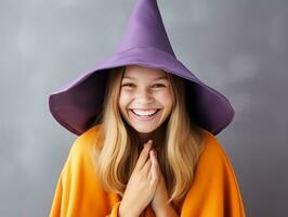 donna nel un' Halloween costume con un' giocoso posa ai generativo foto