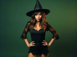 donna nel un' Halloween costume con un' giocoso posa ai generativo foto
