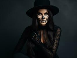 donna nel un' Halloween costume con un' giocoso posa ai generativo foto
