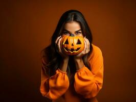 donna nel un' Halloween costume con un' giocoso posa ai generativo foto