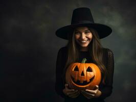 donna nel un' Halloween costume con un' giocoso posa ai generativo foto