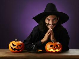 uomo nel un' Halloween costume con un' giocoso posa ai generativo foto