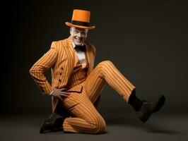 uomo nel un' Halloween costume con un' giocoso posa ai generativo foto