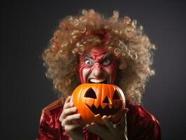 uomo nel un' Halloween costume con un' giocoso posa ai generativo foto