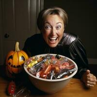 donna nel un' Halloween costume Tenere un' ciotola di caramella con malizioso sorriso ai generativo foto