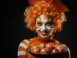 donna nel un' Halloween costume Tenere un' ciotola di caramella con malizioso sorriso ai generativo foto