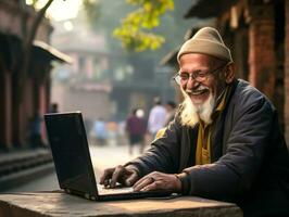 vecchio colombiano uomo Lavorando su un' il computer portatile nel un' vivace urbano ambientazione ai generativo foto