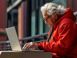 vecchio colombiano uomo Lavorando su un' il computer portatile nel un' vivace urbano ambientazione ai generativo foto