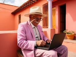 vecchio colombiano uomo Lavorando su un' il computer portatile nel un' vivace urbano ambientazione ai generativo foto