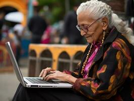 vecchio colombiano donna Lavorando su un' il computer portatile nel un' vivace urbano ambientazione ai generativo foto