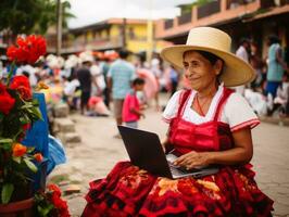 vecchio colombiano donna Lavorando su un' il computer portatile nel un' vivace urbano ambientazione ai generativo foto