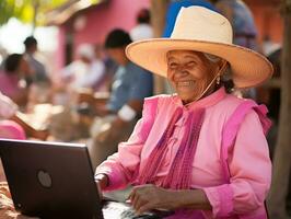 vecchio colombiano donna Lavorando su un' il computer portatile nel un' vivace urbano ambientazione ai generativo foto