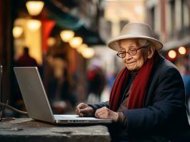 vecchio colombiano donna Lavorando su un' il computer portatile nel un' vivace urbano ambientazione ai generativo foto