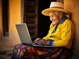 vecchio colombiano donna Lavorando su un' il computer portatile nel un' vivace urbano ambientazione ai generativo foto