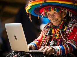 vecchio colombiano donna Lavorando su un' il computer portatile nel un' vivace urbano ambientazione ai generativo foto