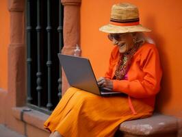 vecchio colombiano donna Lavorando su un' il computer portatile nel un' vivace urbano ambientazione ai generativo foto