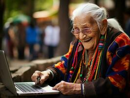 vecchio colombiano donna Lavorando su un' il computer portatile nel un' vivace urbano ambientazione ai generativo foto