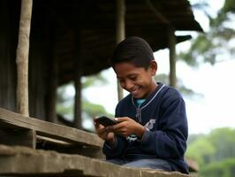 ragazzo a partire dal Colombia utilizzando smartphone per giocando Giochi ai generativo foto