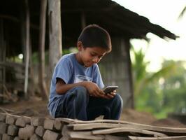 ragazzo a partire dal Colombia utilizzando smartphone per giocando Giochi ai generativo foto