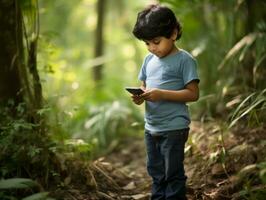 ragazzo a partire dal Colombia utilizzando smartphone per giocando Giochi ai generativo foto